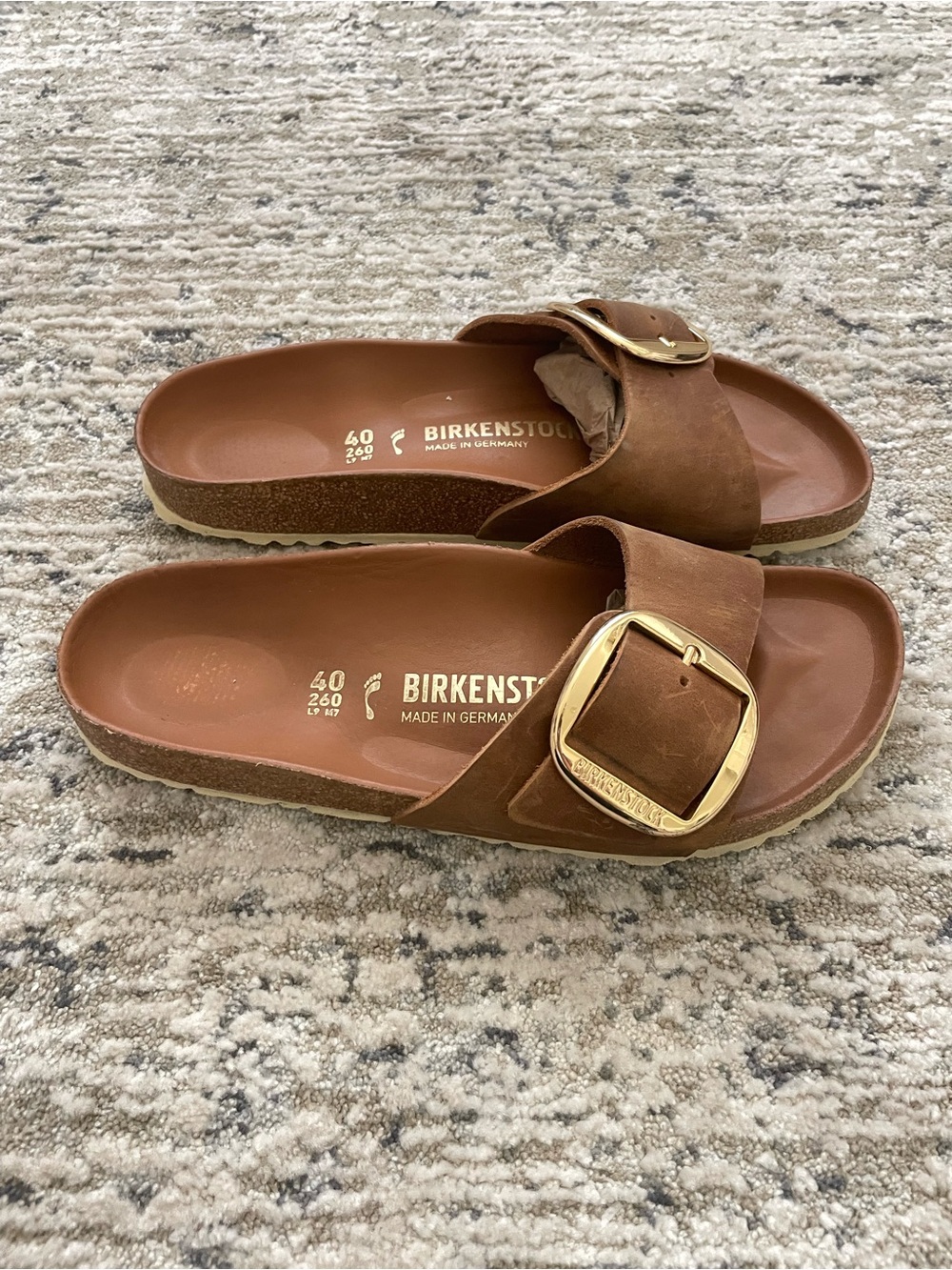 Birkenstock Madrid Big Buckle Slide Sandals Cognac Brown Leather Gold 9 (40) - Picture 3 of 7